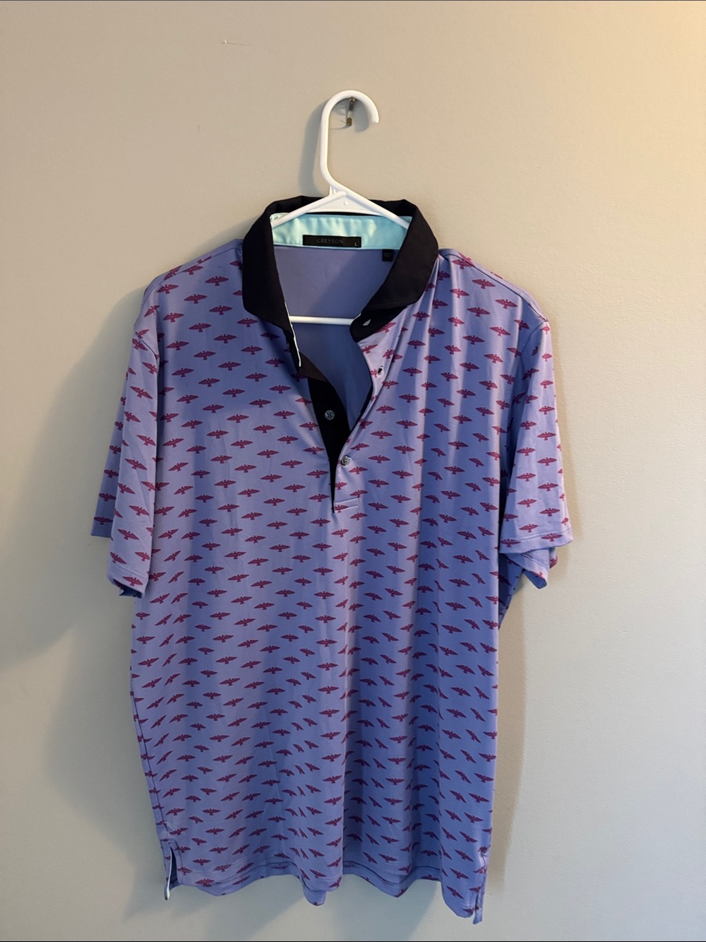 Men's Patterned Purple Polo Shirt with Contrast Collar. Greyson Large